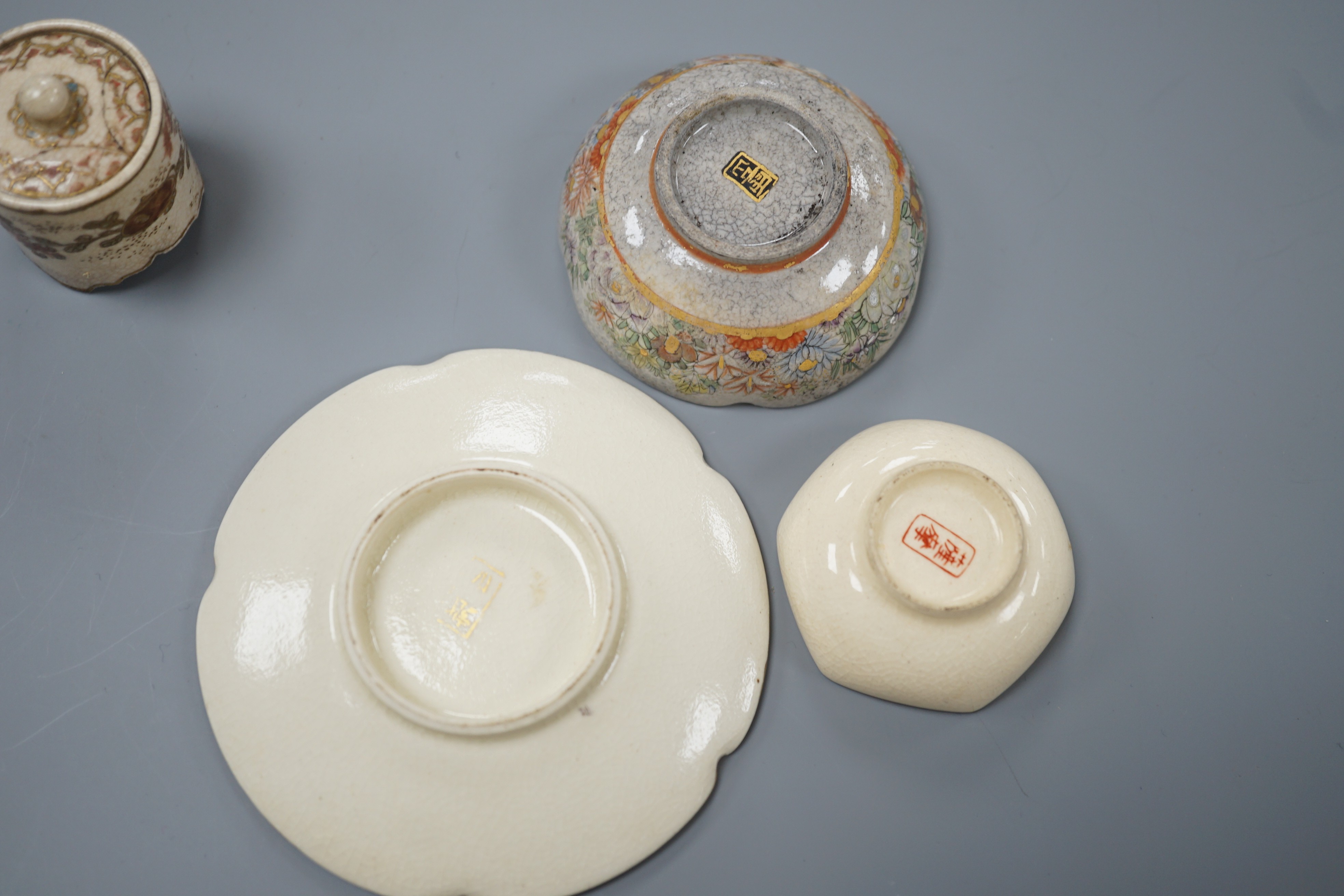A group of small and miniature Satsuma pottery vases, koros and covers and dishes, late 19th/early 20th century, 3cm - 12cm